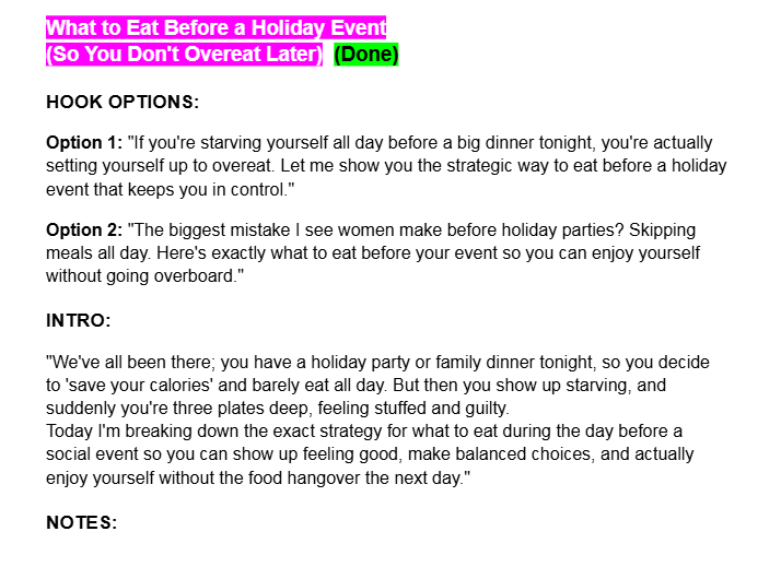Fokus content brief: hooks, intro, and notes for a holiday eating video