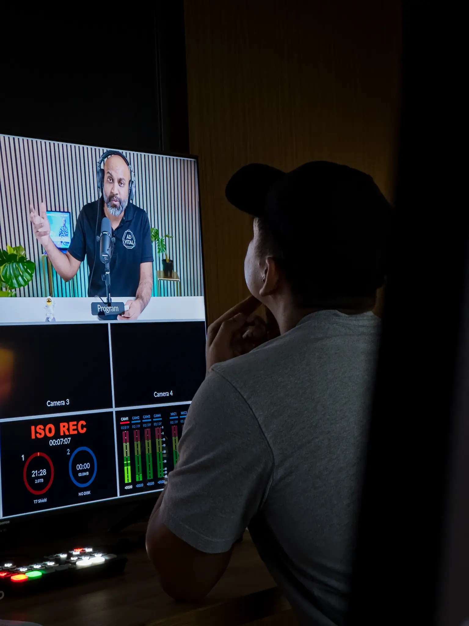 Fokus editor at multi-camera ISO recording control board reviewing program feed