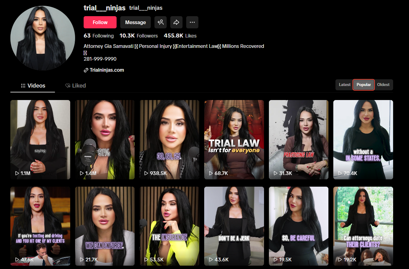 Client TikTok profile showing 10.3K followers, 455.8K likes, and a wall of high-view videos
